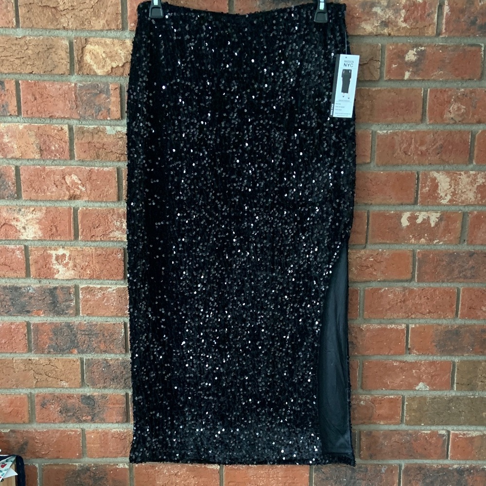 Madden NYC Black Sequin Side Slit Formal Maxi Skirt